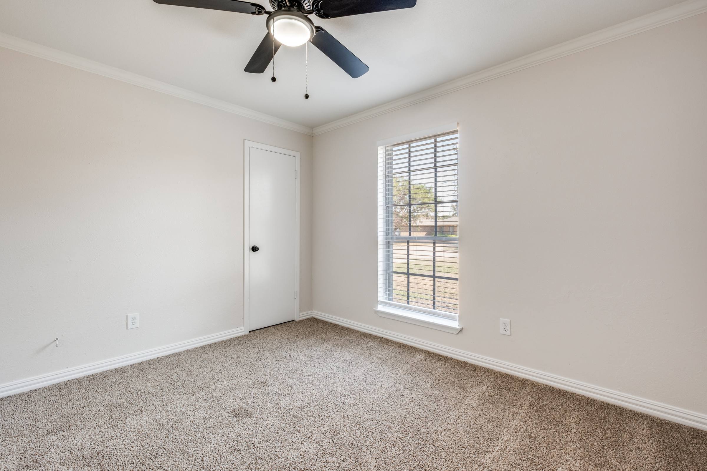 Empty room with carpet, ceiling fan, and window before virtual staging as nursery in Mesquite, Texas