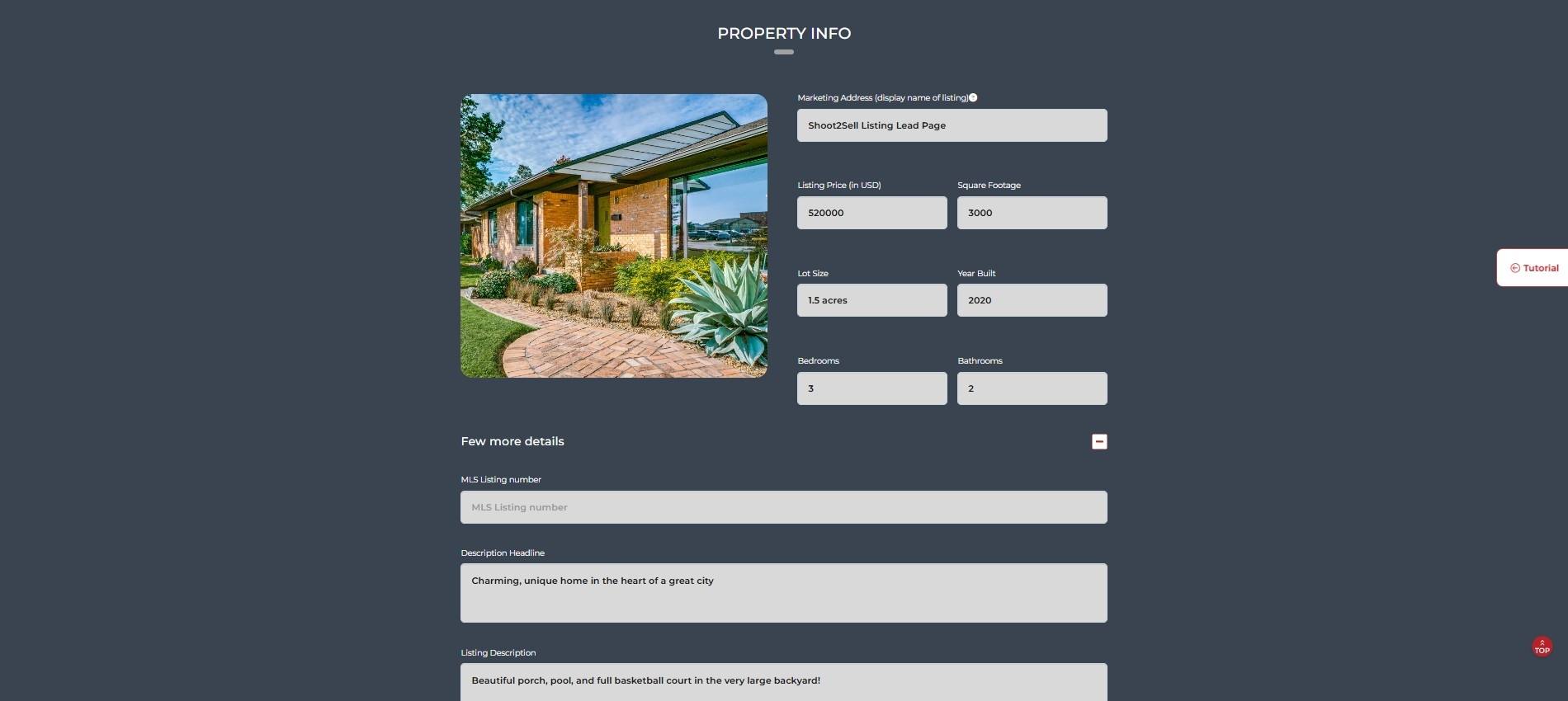 Shoot2Sell client dashboard property info editor showing editable fields for listing price, square footage, lot size, year built, bedrooms, bathrooms, MLS number, and listing description