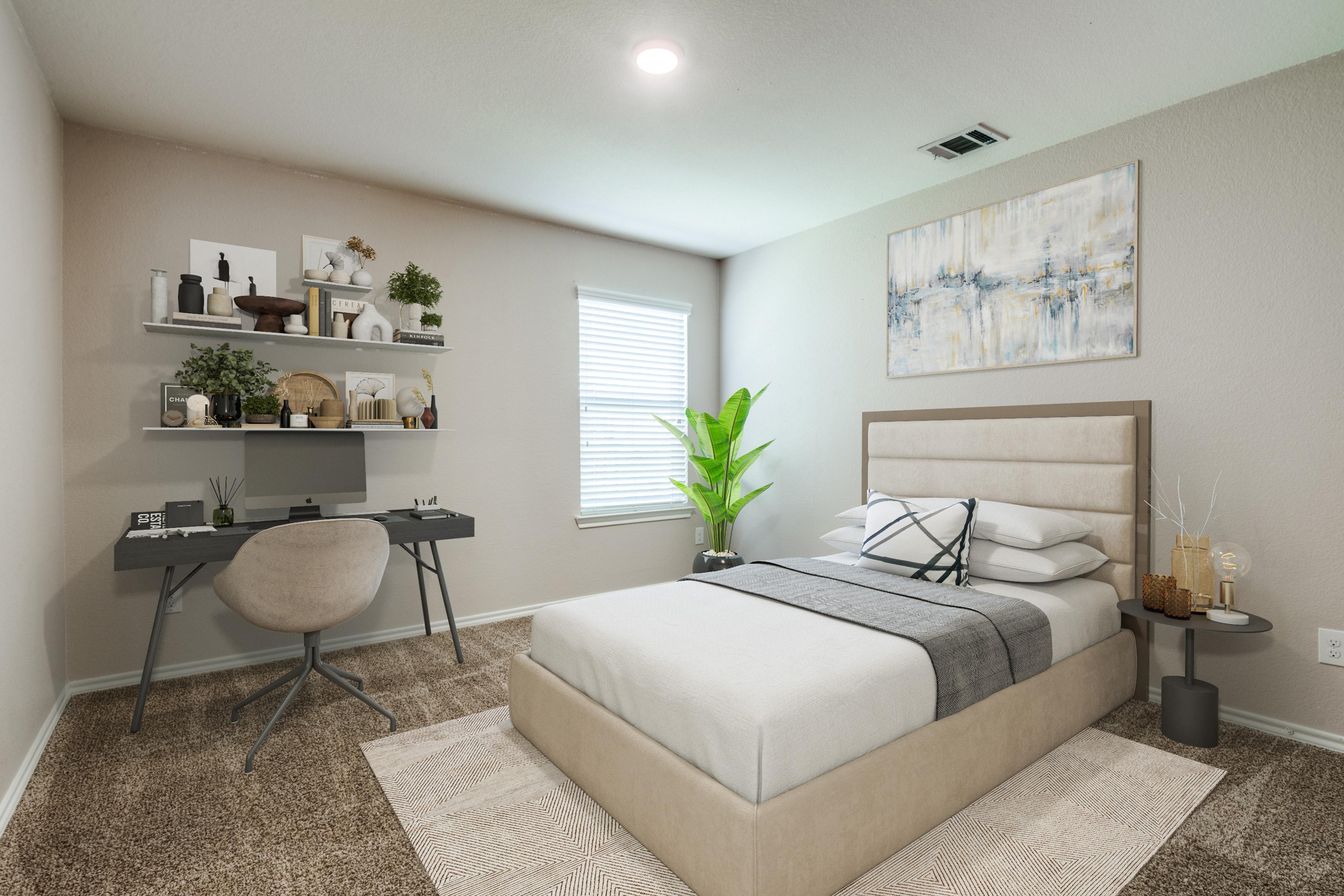 Virtually staged bedroom with queen bed, desk workspace, floating shelves, and abstract artwork in a Royse City, Texas rental property
