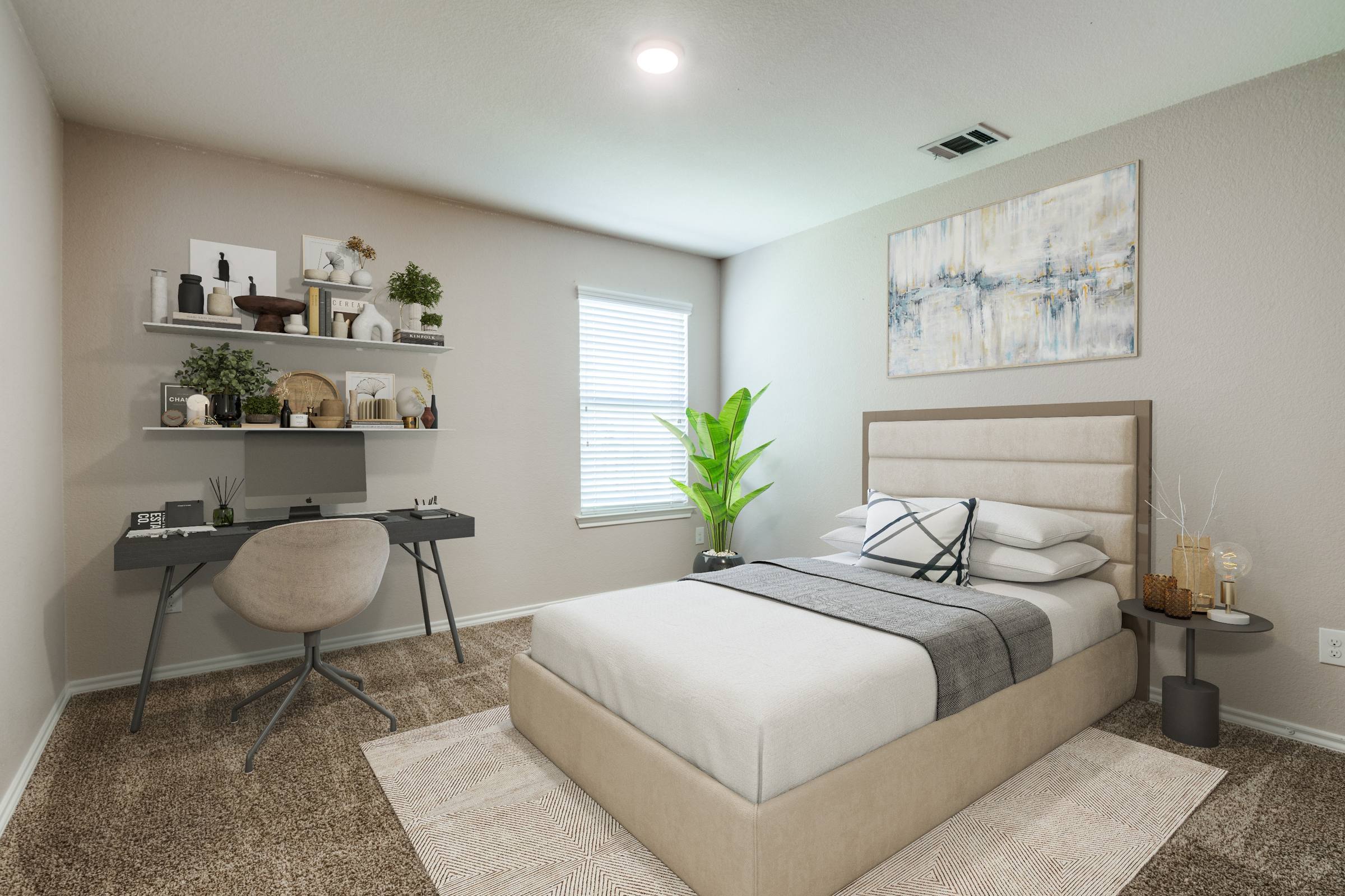 Virtually staged bedroom with queen bed, desk workspace, floating shelves, and abstract artwork in a Royse City, Texas rental property