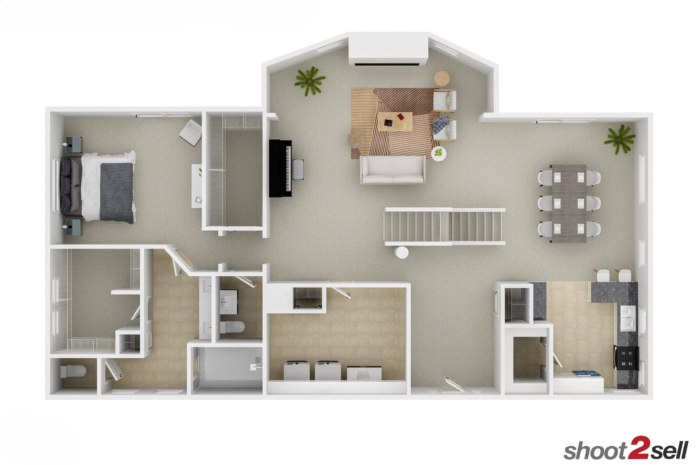 3D furnished floor plan of two-bedroom apartment unit with vaulted ceilings and carpeted bedrooms in Fort Worth, Texas