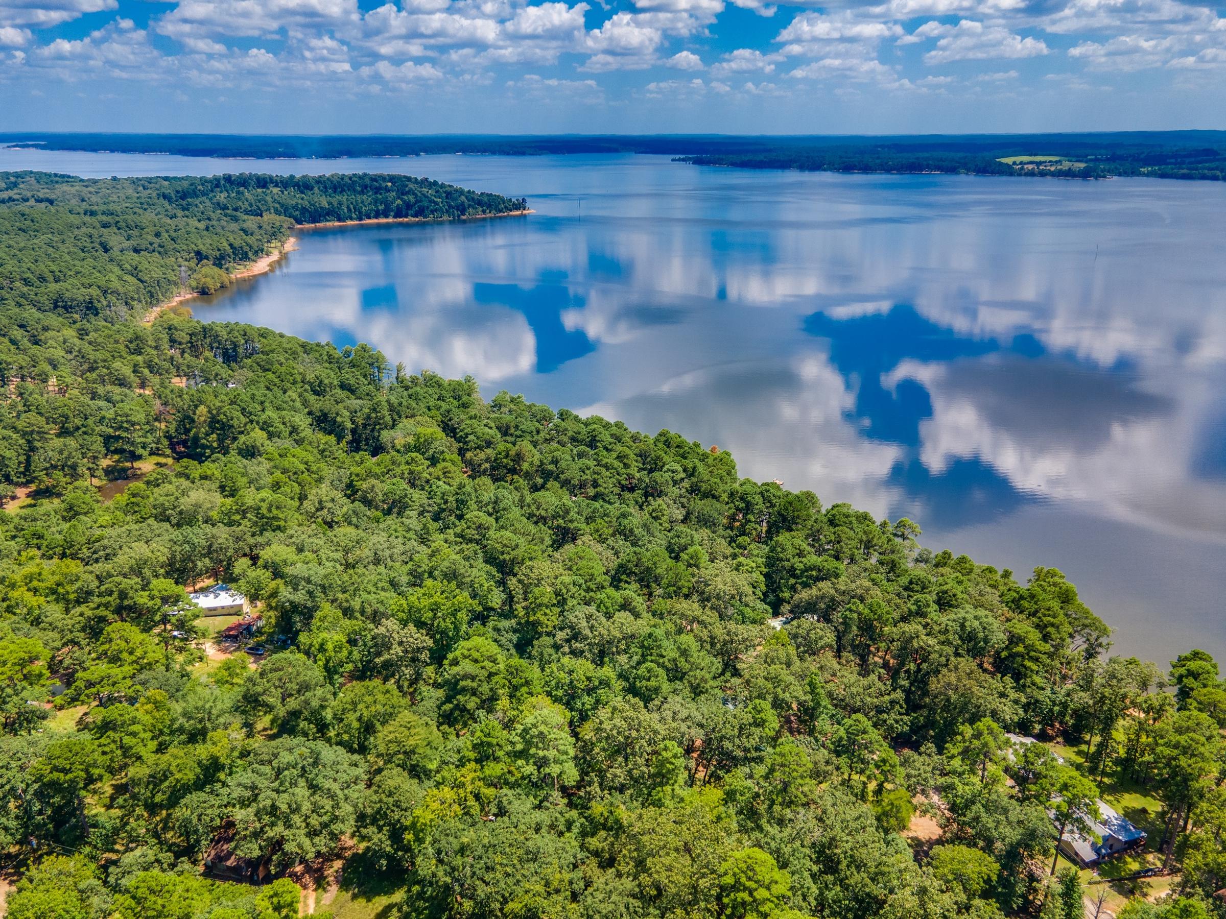 Aerial drone view of a lakefront property surrounded by dense trees with expansive lake views in Avinger, Texas
