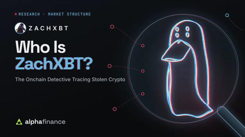 Who Is ZachXBT? The neon platypus avatar of the onchain investigator inside a magnifying glass, with wallet trails leading towards it