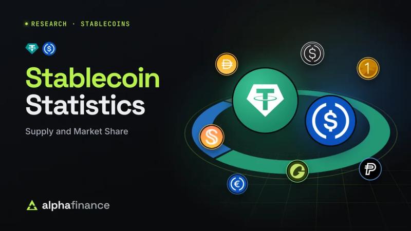 Stablecoin Statistics: a large green USDT coin and a blue USDC coin above a ring split by issuer, with USDS, DAI, USDe, USD1, USDG, PYUSD and EURC tokens orbiting around it