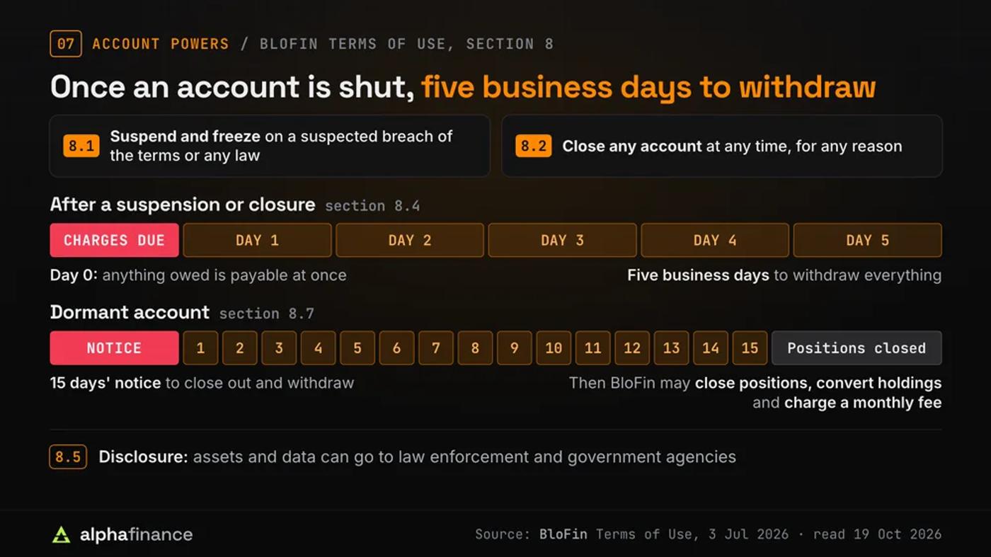 What BloFin's terms allow it to do to accounts: suspend and freeze on a suspected breach (section 8.1), close any account at any time for any reason (8.2). After a suspension or closure, charges are due at once and the user has five business days to withdraw (8.4). A dormant account gets 15 days' notice, after which BloFin may close positions, convert holdings and charge a monthly fee (8.7). Assets and data can go to law enforcement and government agencies during investigations (8.5)