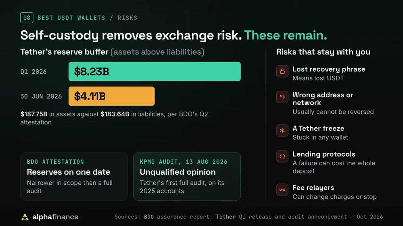 The risks of holding USDT in a wallet: Tether's reserve buffer fell from $8.23 billion in Q1 2026 to $4.11 billion on 30 Jun 2026, with $187.75 billion of assets against $183.64 billion of liabilities in BDO's attestation, which checks reserves on one date, while KPMG gave an unqualified opinion on Tether's 2025 accounts on 13 Aug 2026; risks that stay with you are a lost recovery phrase, a wrong address or network, a Tether freeze, lending protocol failures and fee relayers changing charges or stopping