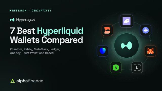 7 Best Hyperliquid Wallets Compared: the Hyperliquid mark at the centre of an orbit of seven wallet logos, Phantom, Rabby, MetaMask, Ledger, OneKey, Trust Wallet and Based, each glowing in its own brand colour