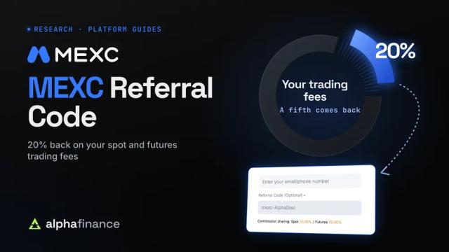 MEXC referral code cover: a ring of trading fees with a fifth lifted out and glowing MEXC blue with 20% beside it, a dotted arrow returning it to MEXC's real sign-up form showing code mexc-AlphaDisc and commission sharing of 20.00% on spot and futures