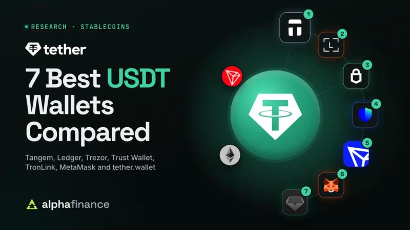 7 Best USDT Wallets Compared: a glowing USDT coin with the Tron and Ethereum marks on its rim and an arc of the seven ranked wallets, Tangem, Ledger, Trezor, Trust Wallet, TronLink, MetaMask and tether.wallet, numbered 1 to 7