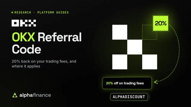 OKX referral code cover: the five squares of the OKX block mark with one square lifted out and glowing lime with 20% on it, a dotted arrow returning it to OKX's real sign-up banner reading 20% off on trading fees, and the code ALPHADISCOUNT