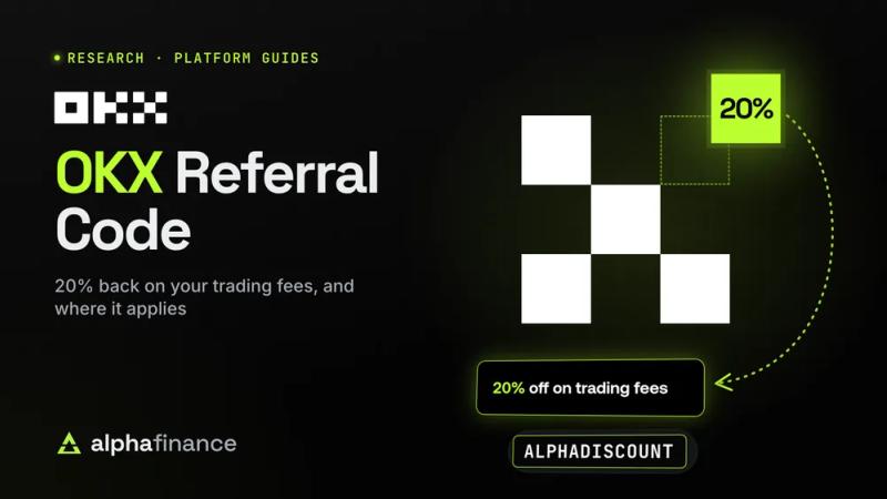 OKX referral code cover: the five squares of the OKX block mark with one square lifted out and glowing lime with 20% on it, a dotted arrow returning it to OKX's real sign-up banner reading 20% off on trading fees, and the code ALPHADISCOUNT