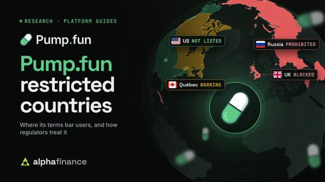 Pump.fun restricted countries: the Pump.fun pill logo on a globe with the UK marked blocked, Russia marked prohibited, Québec marked with a regulator warning and the US marked as not on the list