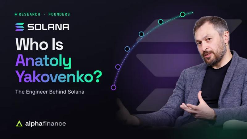 Who Is Anatoly Yakovenko? The Solana co-founder speaking on stage, beside the Solana logo and a glowing chain of proof of history steps in Solana's purple and green