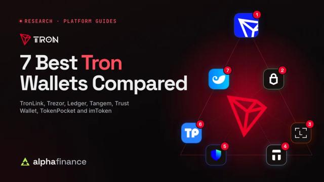 7 Best Tron Wallets Compared: the red TRON mark inside a large triangle with the seven ranked wallets on its edges, TronLink, Trezor, Ledger, Tangem, Trust Wallet, TokenPocket and imToken, numbered 1 to 7