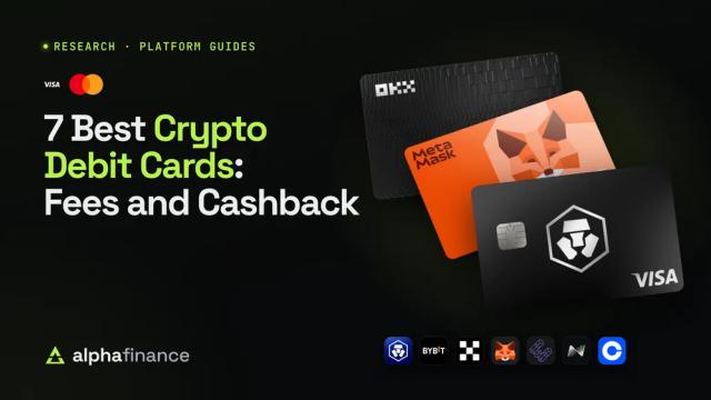 7 Best Crypto Debit Cards: Fees and Cashback, with the OKX, MetaMask and Crypto.com Obsidian cards fanned on the right and the app icons of all seven picks, Crypto.com, Bybit, OKX, MetaMask, ether.fi, Nexo and Coinbase, below