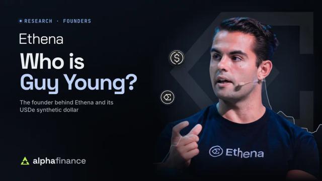 Who is Guy Young? The Ethena founder speaking on stage in an Ethena T-shirt, beside the Ethena wordmark, with USDe and ENA token icons