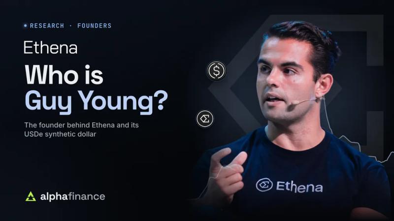 Who is Guy Young? The Ethena founder speaking on stage in an Ethena T-shirt, beside the Ethena wordmark, with USDe and ENA token icons