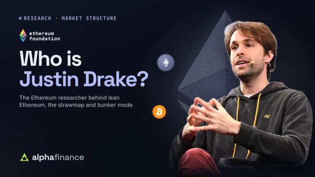 Who is Justin Drake? The Ethereum Foundation researcher speaking on stage, set against a glowing purple Ethereum diamond and a field of hash characters, with Ether and Bitcoin marks beside him