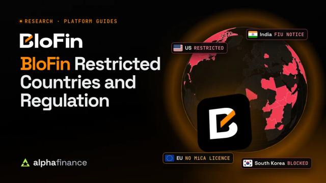 BloFin restricted countries and regulation: BloFin's app icon in front of a globe with its restricted countries in red, with tags for the restricted US, India's FIU notice, South Korea's website block and no MiCA licence in the EU