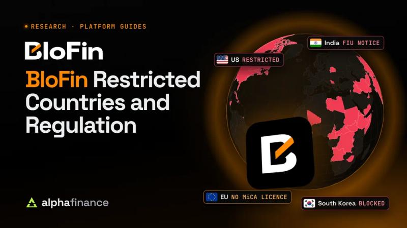 BloFin restricted countries and regulation: BloFin's app icon in front of a globe with its restricted countries in red, with tags for the restricted US, India's FIU notice, South Korea's website block and no MiCA licence in the EU