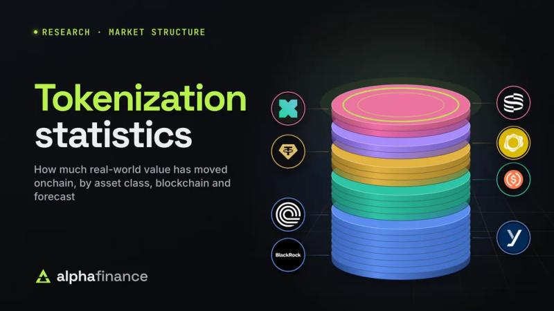 Tokenization statistics: a glowing tower of tokens stacked by asset class, Treasury funds in blue, credit in teal, gold, active strategies and stocks, with BlackRock BUIDL, Ondo, Circle USYC, Maple syrupUSDC, Tether Gold, PAX Gold, xStocks and Securitize tokens beside their layers