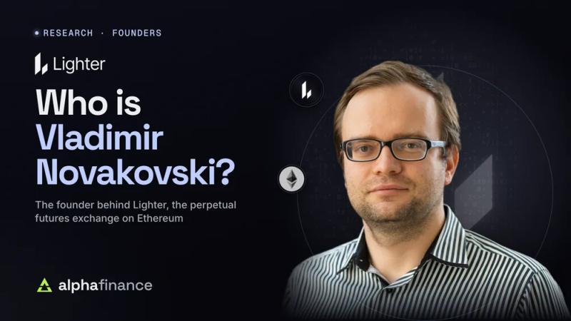 Who is Vladimir Novakovski? A portrait of the Lighter founder in a striped shirt and glasses, beside the Lighter logo, with the LIT token and Ethereum icons and Lighter's glowing L mark behind him