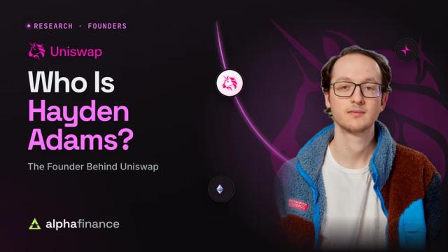 Who Is Hayden Adams? Portrait of the Uniswap founder beside a glowing pink constant-product curve, the Uniswap unicorn mark and the UNI, Ethereum and Unichain icons