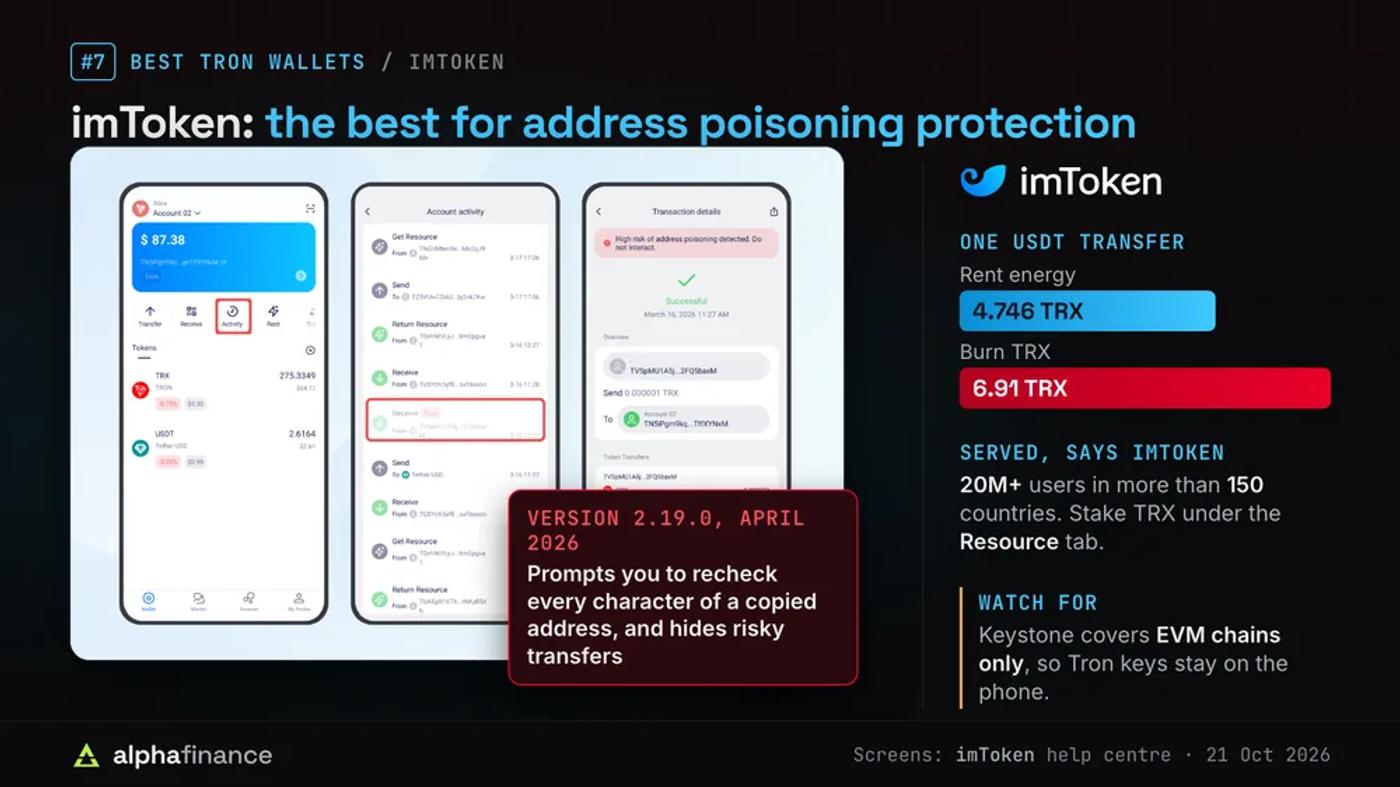 imToken screens flagging a risky incoming transfer on a Tron account with a high risk of address poisoning warning; version 2.19.0 from April 2026 prompts you to recheck every character of a copied address and hides risky transfers, renting energy for one USDT transfer cost 4.746 TRX against 6.91 TRX to burn, imToken has served 20 million+ users in 150+ countries, and its Keystone pairing covers EVM chains only