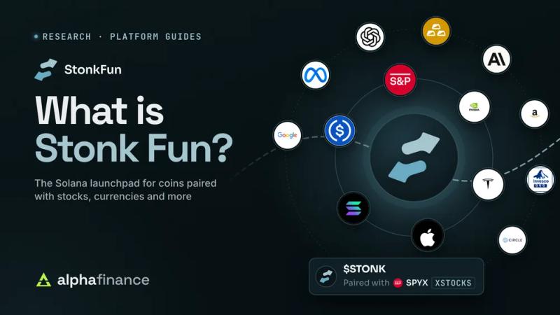 What is Stonk Fun? The StonkFun mark surrounded by assets its coins can pair with, including the S&P 500, NVIDIA, Tesla, Apple, SOL and USDC