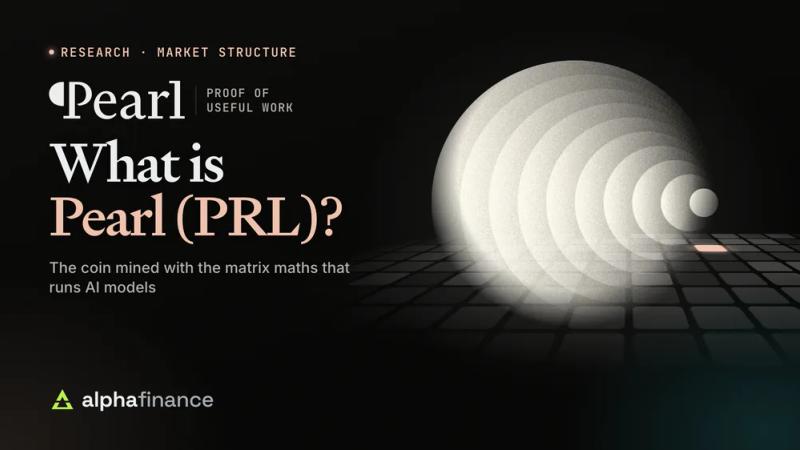 What is Pearl (PRL): the Pearl logo beside Pearl's concentric cream pearl artwork rising from a perspective grid of matrix tiles, with one winning tile lit in peach