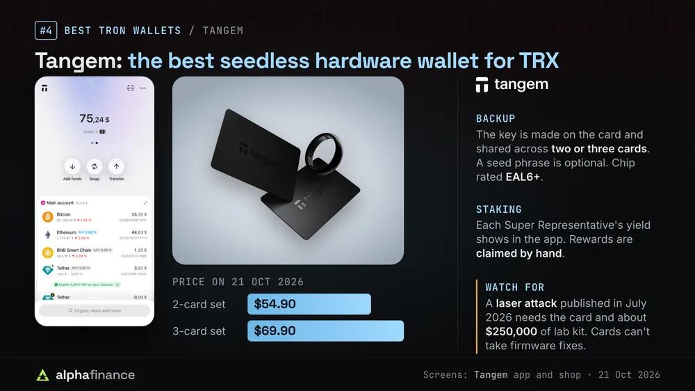Tangem's app wallet screen beside its black cards and ring: a 2-card set costs $54.90 and a 3-card set $69.90 on 21 Oct 2026; the key is made on the card and shared across two or three cards with an optional seed phrase on an EAL6+ chip, Super Representative yields show in the app with rewards claimed by hand, and a July 2026 laser attack needs the card and about $250,000 of lab kit