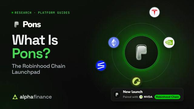 What Is Pons? The Robinhood Chain Launchpad. The Pons glass P mark at the centre of green rings, circled by the ETH, NVDA, TSLA, SPY and USDG pair badges a launch can be priced in