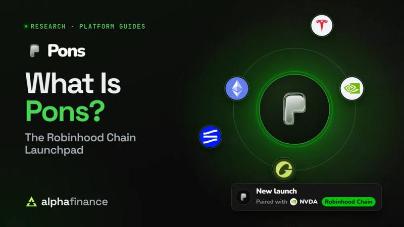 What Is Pons? The Robinhood Chain Launchpad. The Pons glass P mark at the centre of green rings, circled by the ETH, NVDA, TSLA, SPY and USDG pair badges a launch can be priced in
