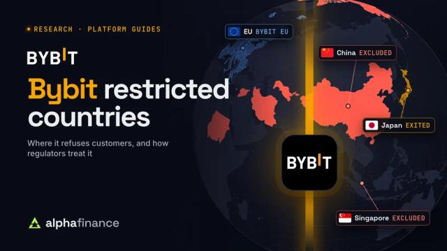 Bybit restricted countries: the Bybit app icon on a globe with China and Singapore marked excluded, Japan marked exited and the EU marked as served by Bybit EU