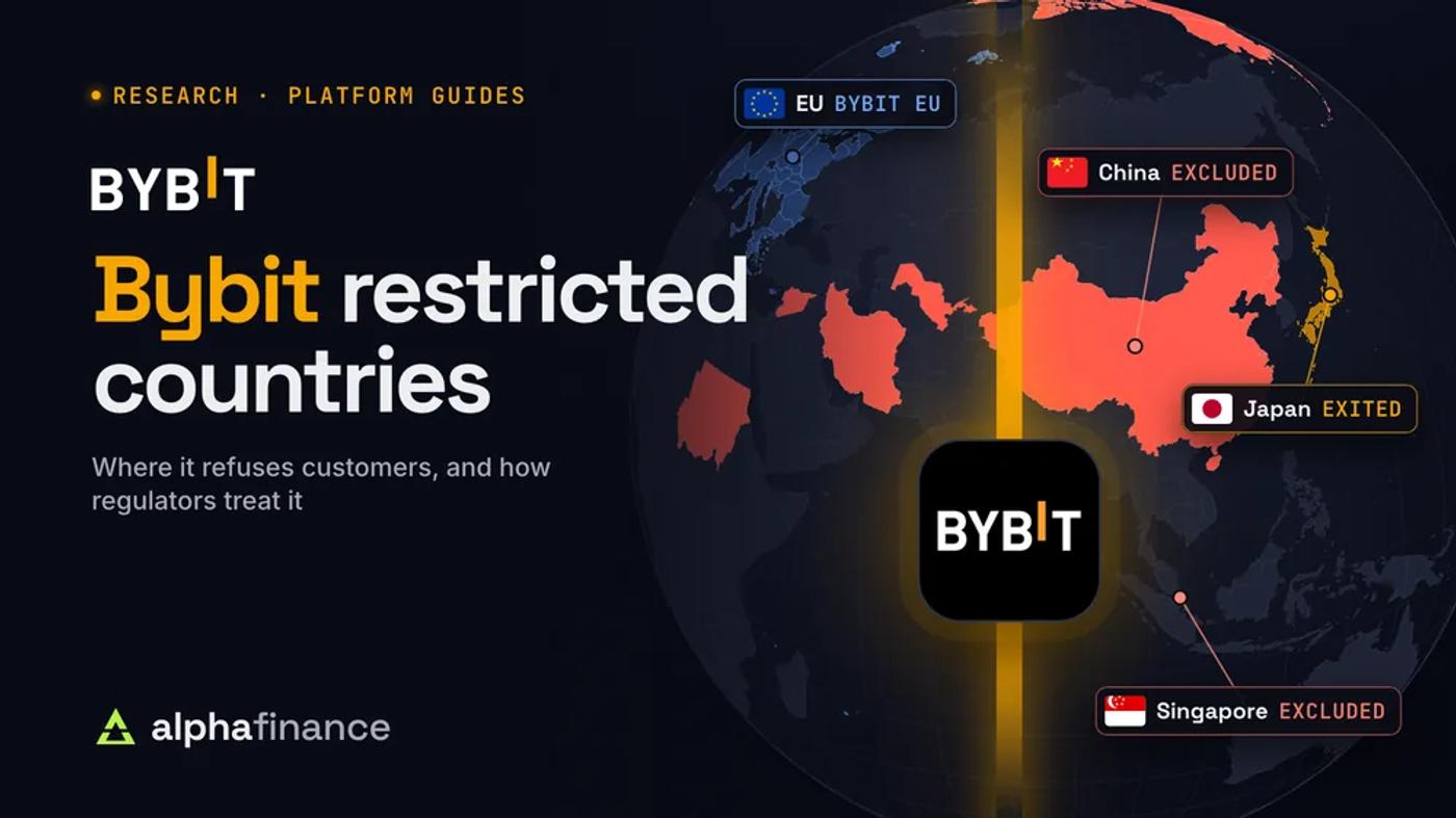 Bybit restricted countries: the Bybit app icon on a globe with China and Singapore marked excluded, Japan marked exited and the EU marked as served by Bybit EU