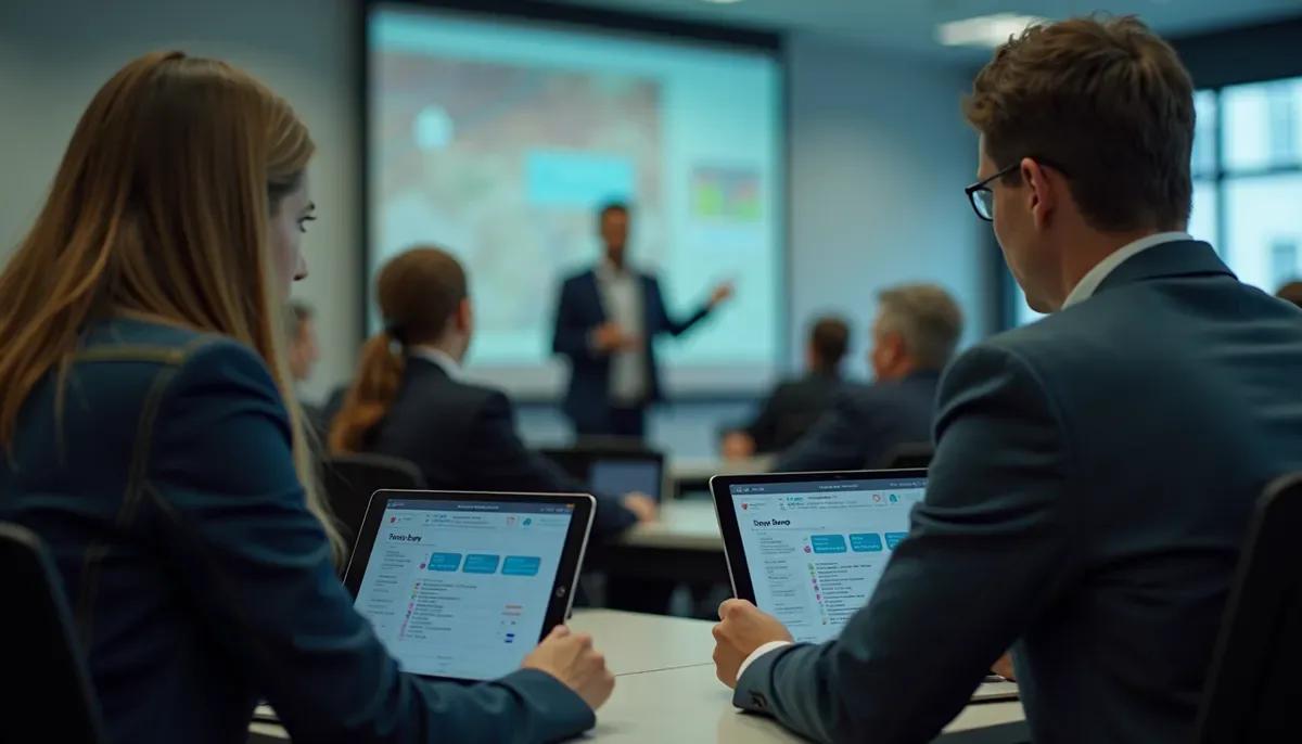 Salle de formation code de la route avec tablettes et candidats