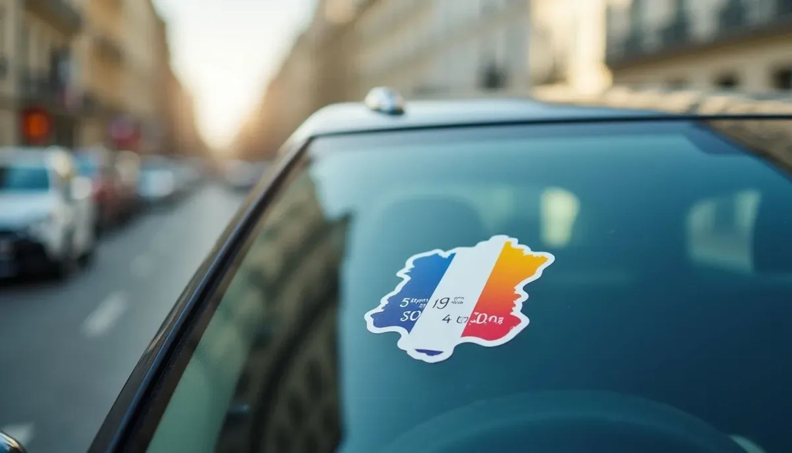 Vignette Crit'Air classe 1 collée sur un pare-brise avec fond flou de Paris