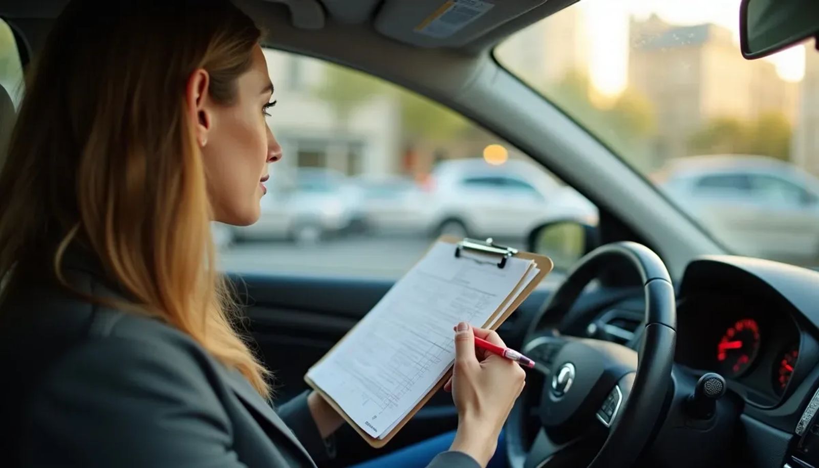 Inspecteur du permis avec grille d'évaluation sur les genoux dans une voiture à Paris