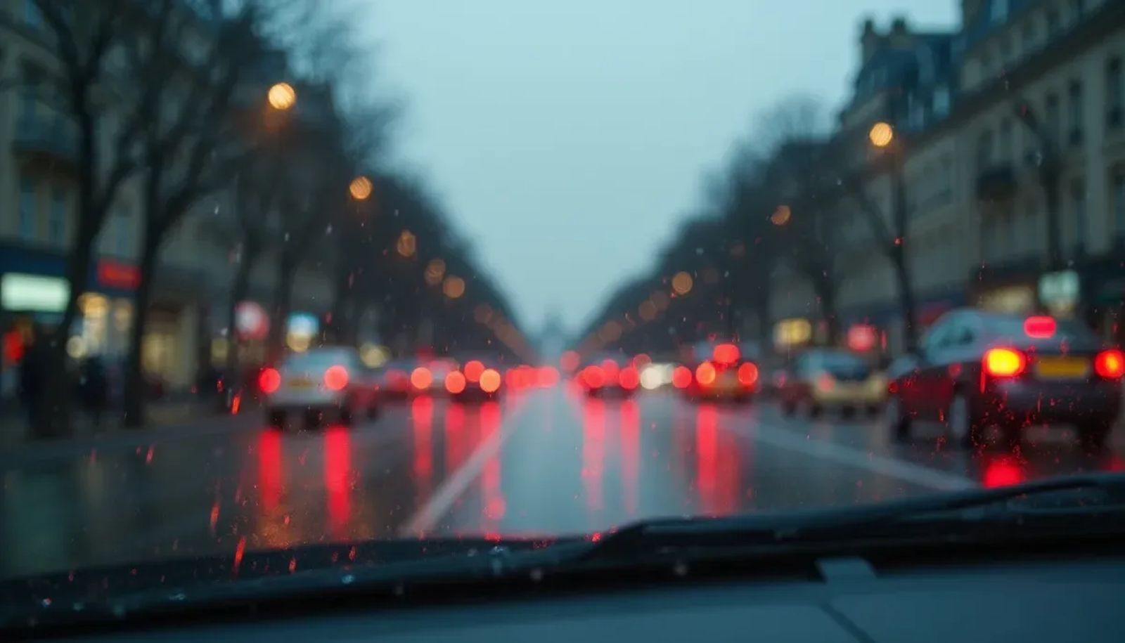 Rue parisienne sous la pluie avec voiture et réflexion sur pavés mouillés