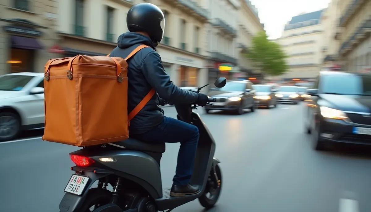 Livreur Uber Eats à Paris en scooter avec sac isotherme