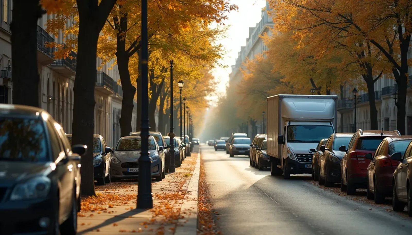 Contre-allée parisienne avec stationnement et circulation secondaire