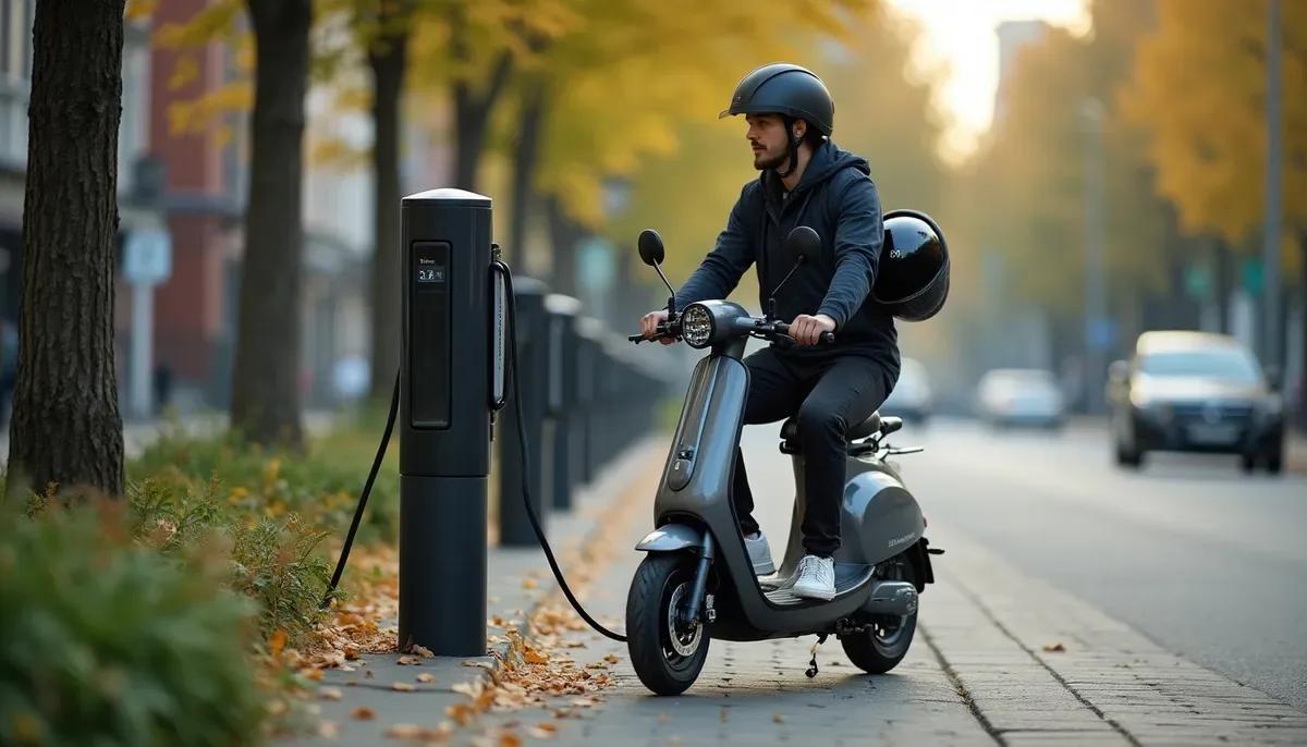 Scooter électrique urbain garé près d'une borne de recharge