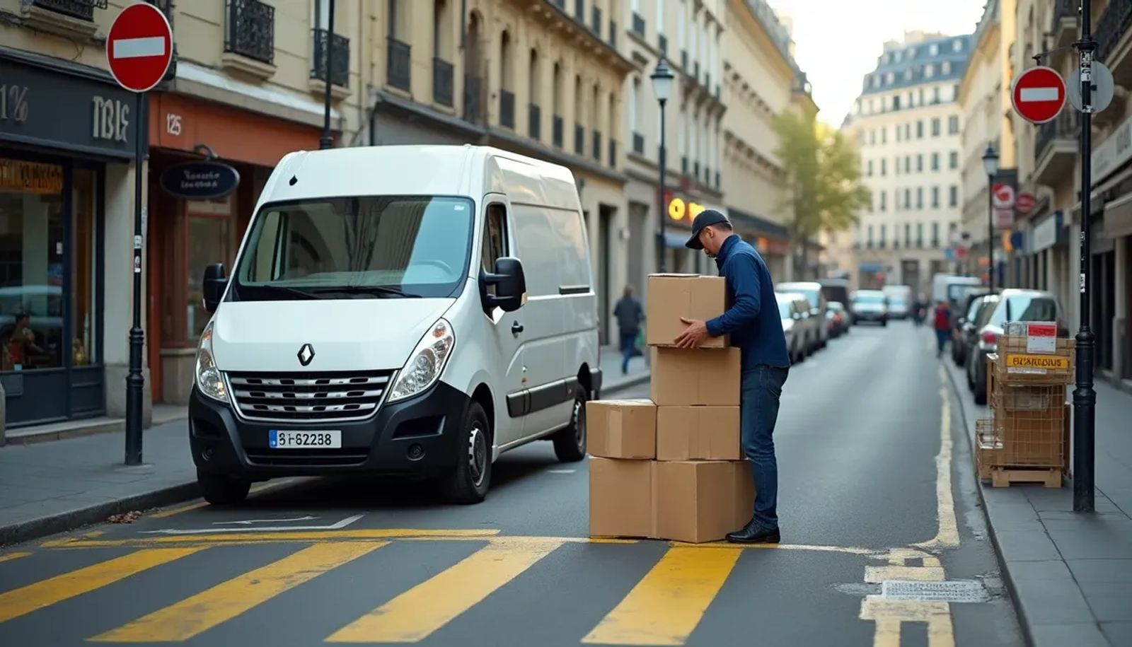 Aire de livraison parisienne avec marquage jaune et camionnette en chargement