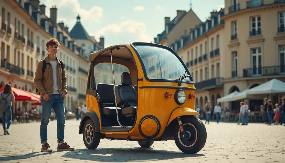 Voiture sans permis électrique garée devant une boulangerie de village