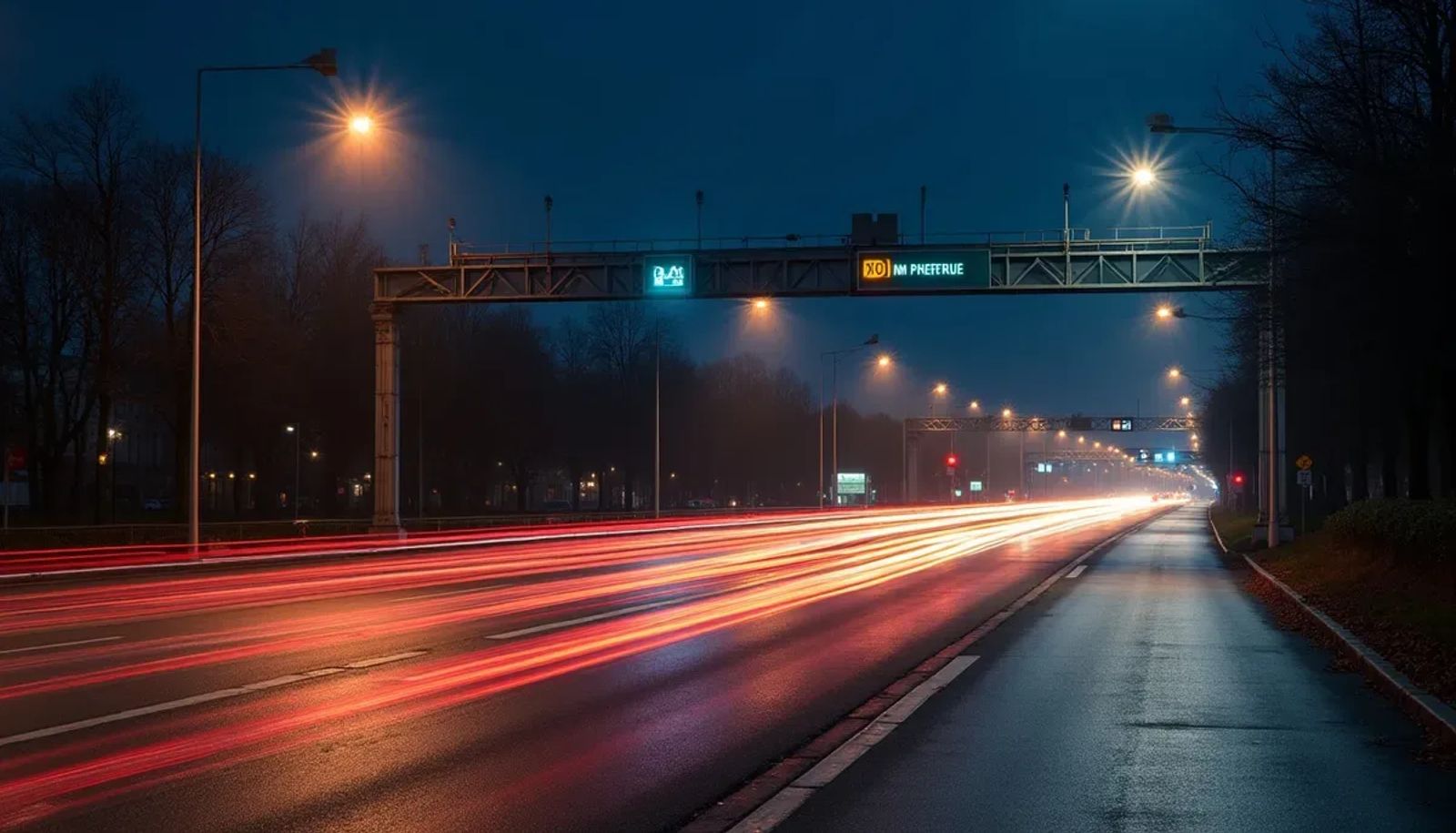 Périphérique parisien de nuit avec phares et lampadaires