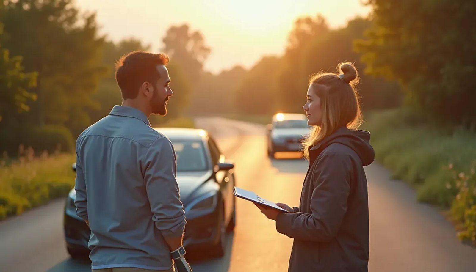Jeune conducteur en formation post-permis avec un moniteur sur route française