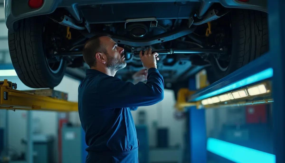 Technicien contrôlant les trains roulants d'une voiture sur un pont élévateur