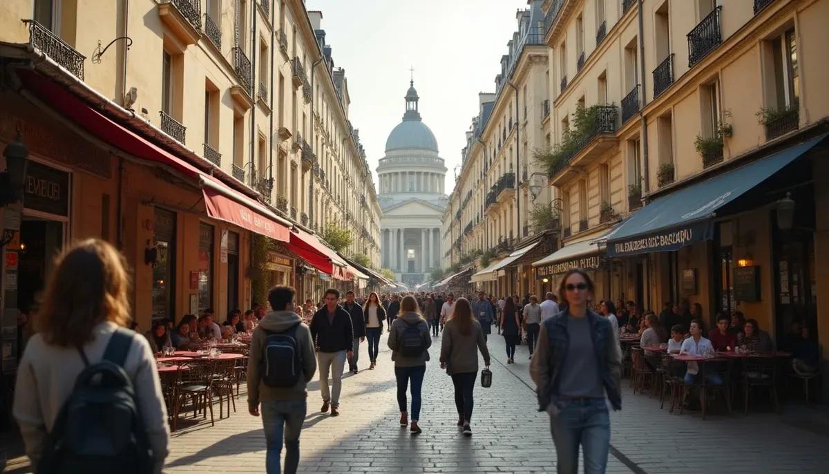 Rue étudiante du Quartier Latin avec Panthéon en arrière-plan