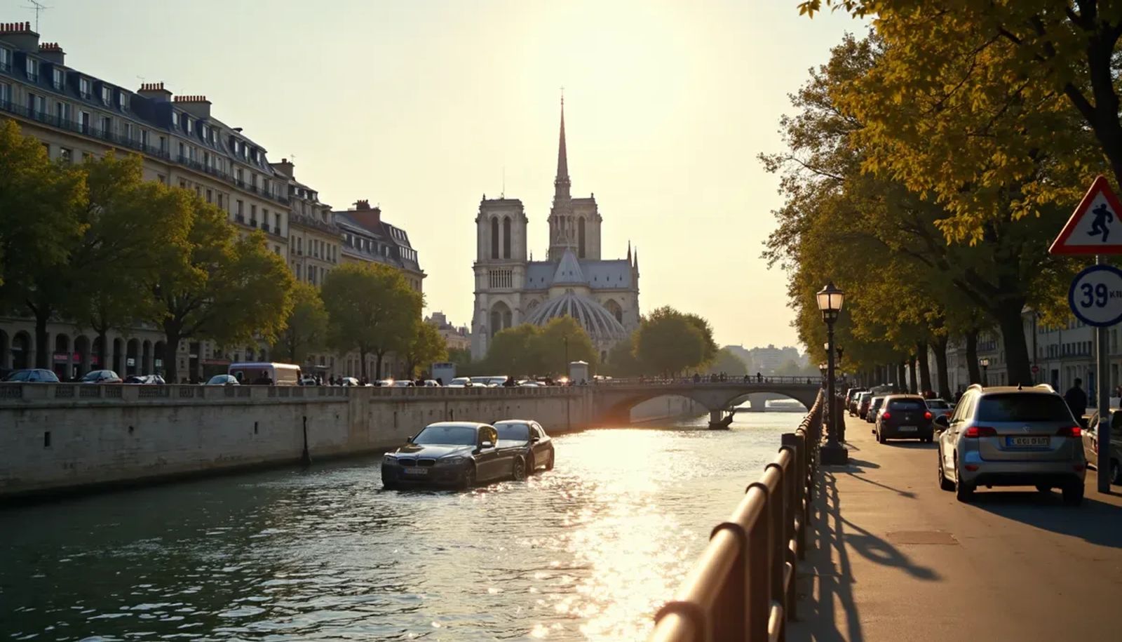 Quais de Seine à Paris avec Notre-Dame et trafic automobile