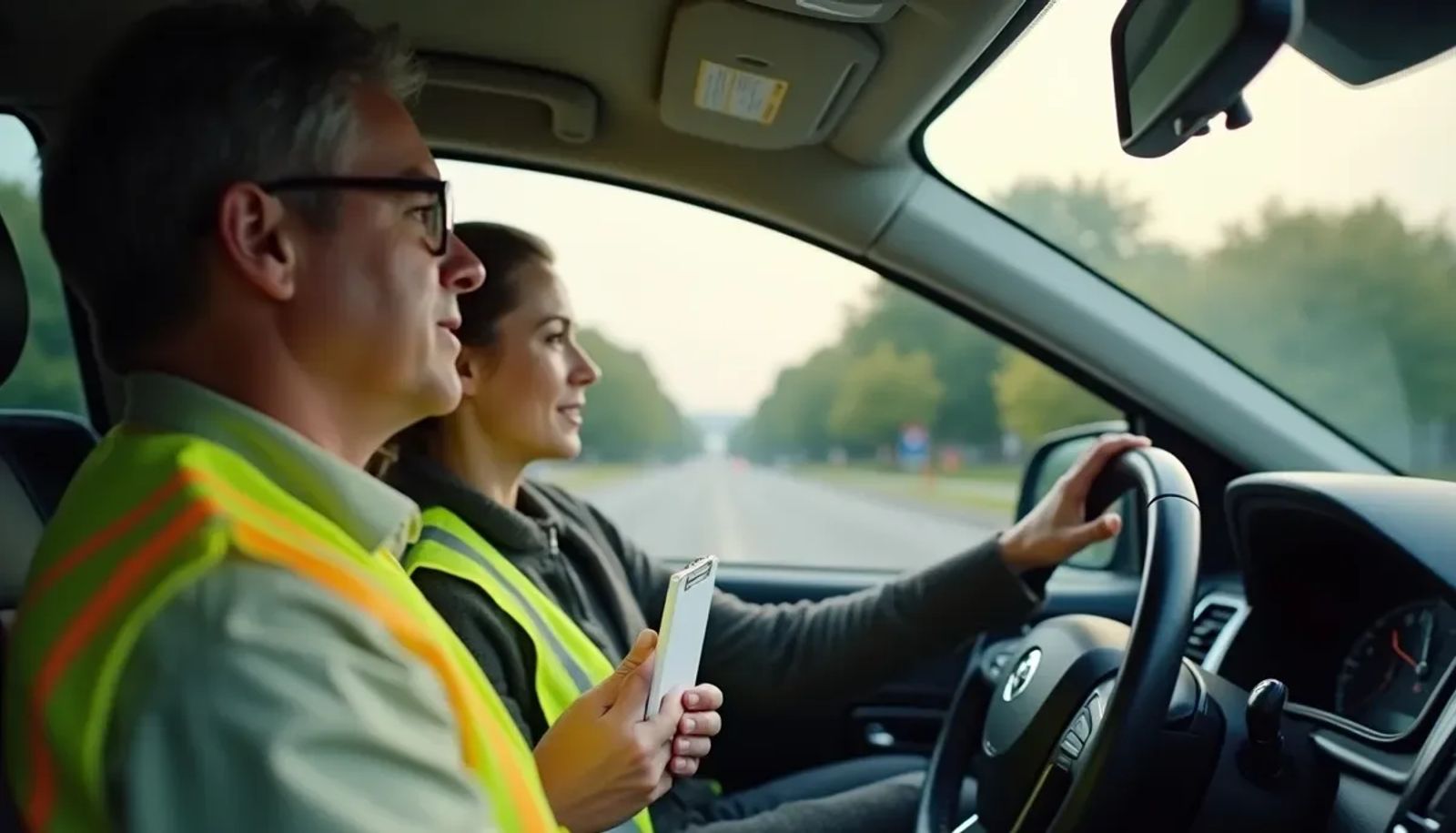 Moniteur d'auto-école guidant un conducteur lors d'un stage de perfectionnement à Paris
